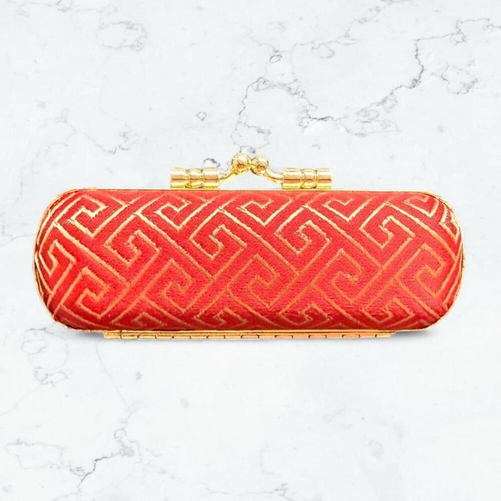 Vintage Red & Gold Lipstick Case with Mirror with Chinese Embroidery NWOT